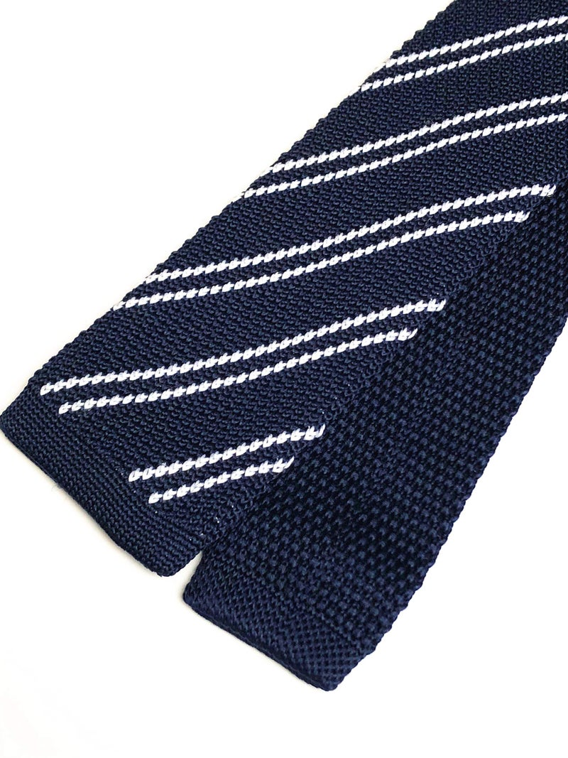 Secdtie Men's Wide Striped Navy Blue White Wool Knit Ties Border Patterned Slim Fashion Necktie for Wedding - Image 3